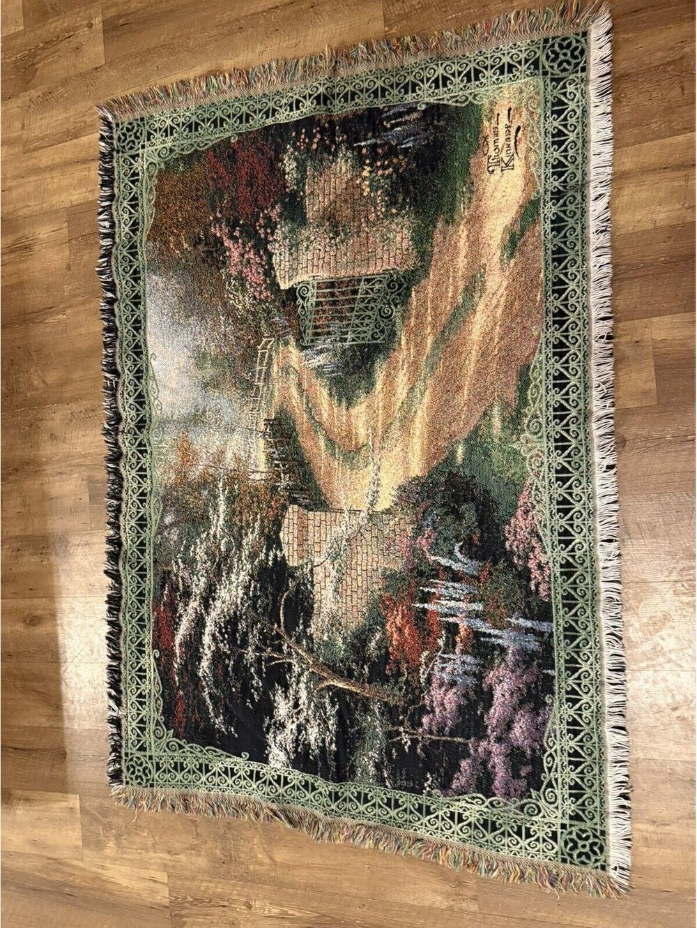 *Thomas Kinkade* Garden of Prayer Tapestry Throw 66 X 44” Fringe 100% Cotton~USA